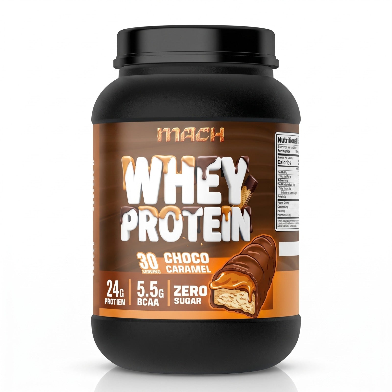 Scoop of Chocolate Caramel flavored protein powder blend next to its packaging, highlighting 24g of whey and milk protein for muscle growth and recovery.