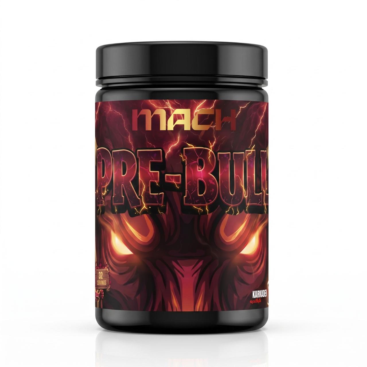 Black tub of MACH Pre-Bull Pre-Workout supplement in Karkadeh flavor. The striking label features a glowing red, fiery bull with lightning, emphasizing its explosive energy and 32-serving pump formula.