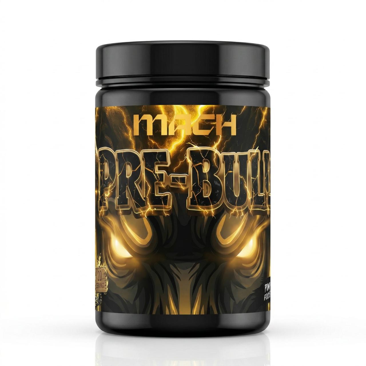 Black tub of MACH Pre-Bull Pre-Workout supplement in Pina Colada flavor. The striking label features a glowing golden-yellow lightning bull, emphasizing its explosive 250mg caffeine energy and maximum pump formula.