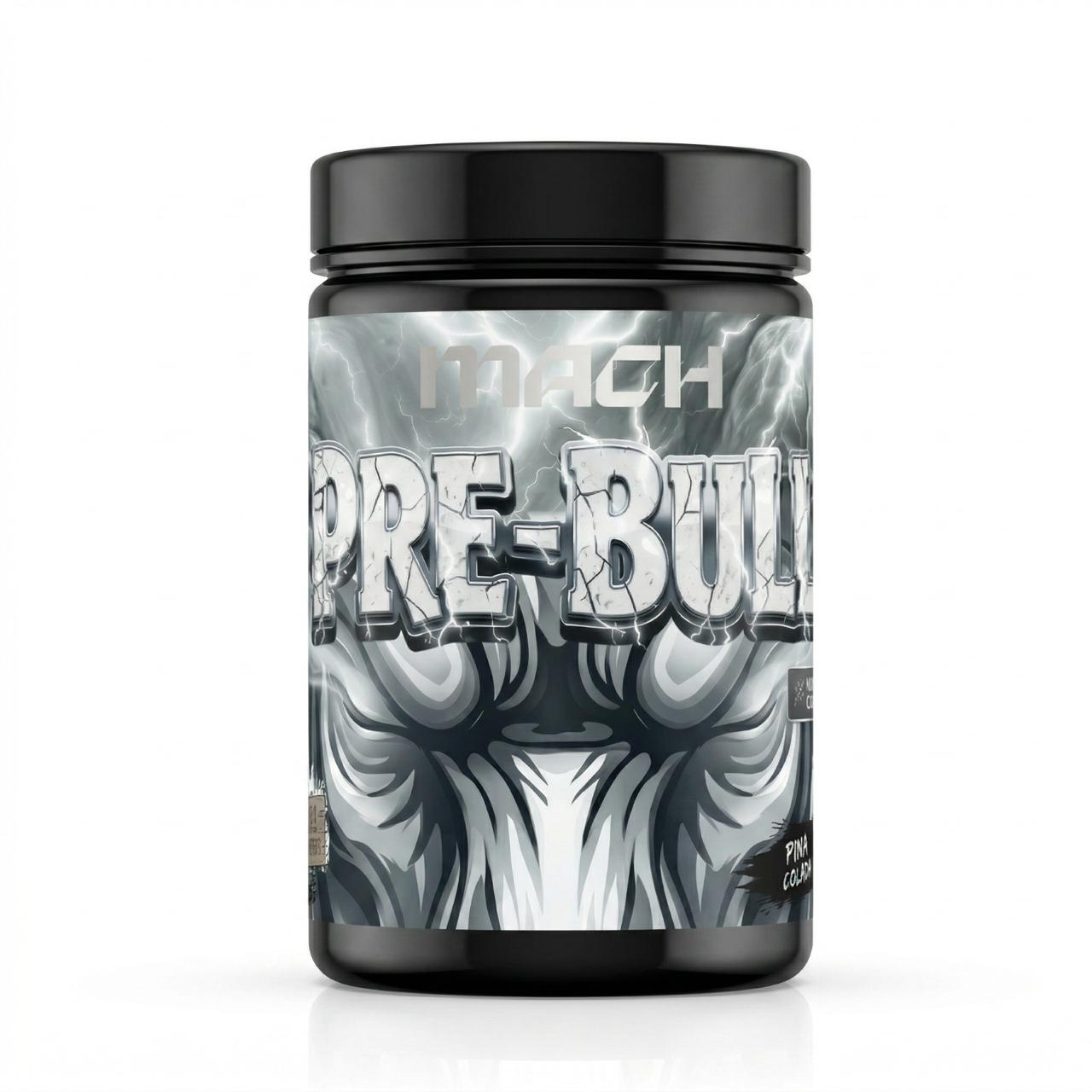 Black tub of MACH Pre-Bull Stim-Free Pre-Workout in Pina Colada flavor. The label features a striking silver and grey glowing lightning bull, emphasizing its caffeine-free, maximum pump formula.
