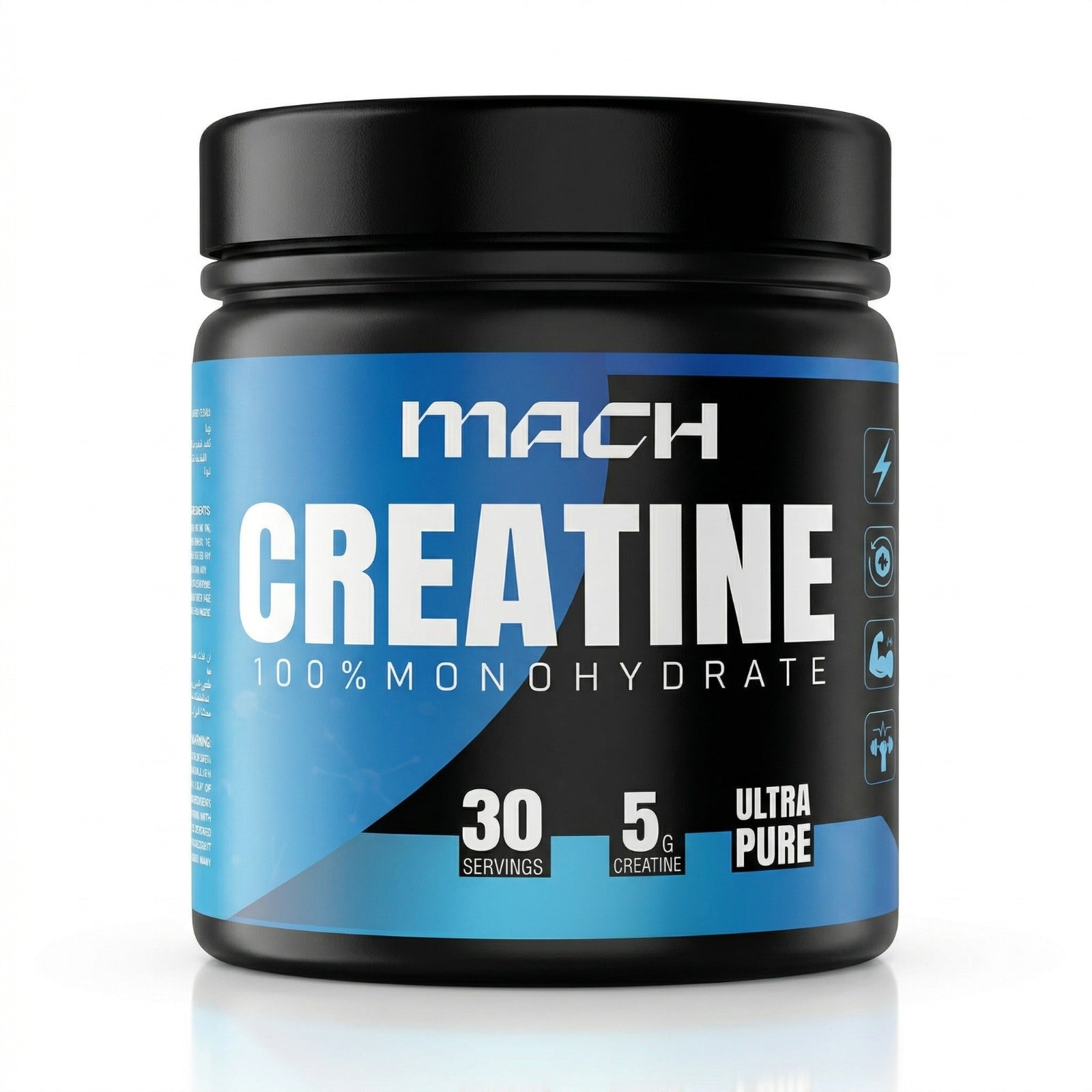 Container of 100% Pure Micronized Creatine Monohydrate, an unflavored 5g sports nutrition supplement for increasing strength, power, and muscle growth.