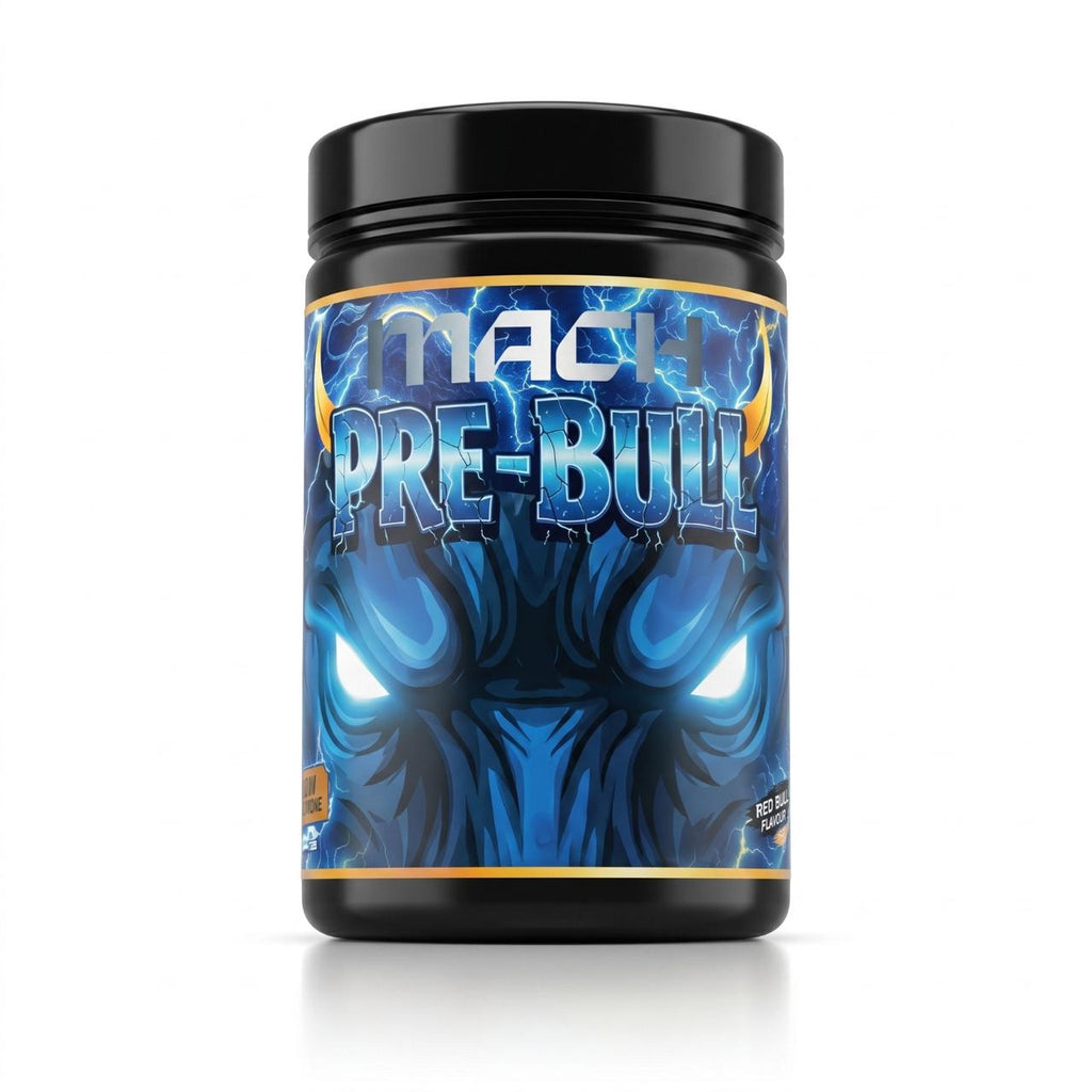 Tub of Red Bull flavored Pre-Workout supplement, a classic energy drink flavored performance powder with caffeine, citrulline, and beta-alanine for explosive energy, muscle pump, and focus.
